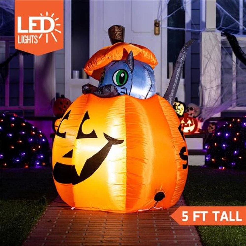 5 ft Tall Halloween Inflatable Animated Kitty Cat On Pumpkin Inflatable - Picture 2 of 6
